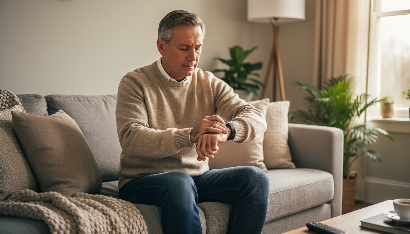 Homme d’âge mûr assis sur un canapé regardant sa montre connectée pour mesurer sa fréquence cardiaque.