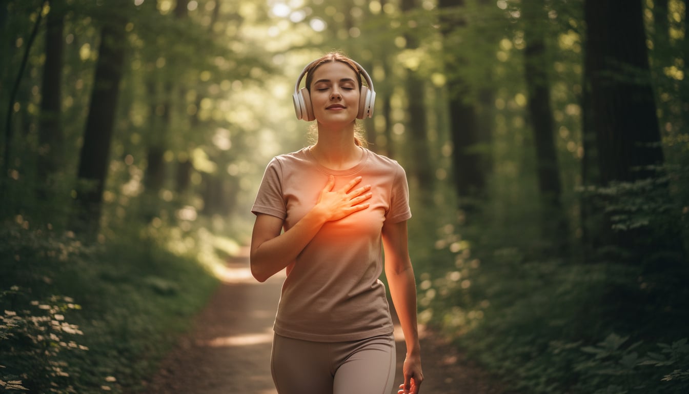 Jeune femme marchant en forêt avec un casque audio, main posée sur la poitrine, illustrant une respiration calme et une fréquence cardiaque apaisée.