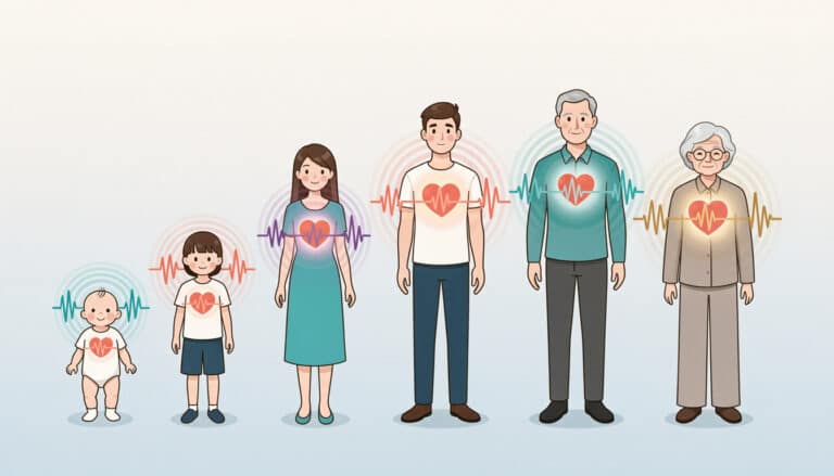Illustration montrant la fréquence cardiaque à différents âges de la vie, du bébé à la personne âgée, avec un cœur et un tracé de battements pour chaque tranche d’âge.