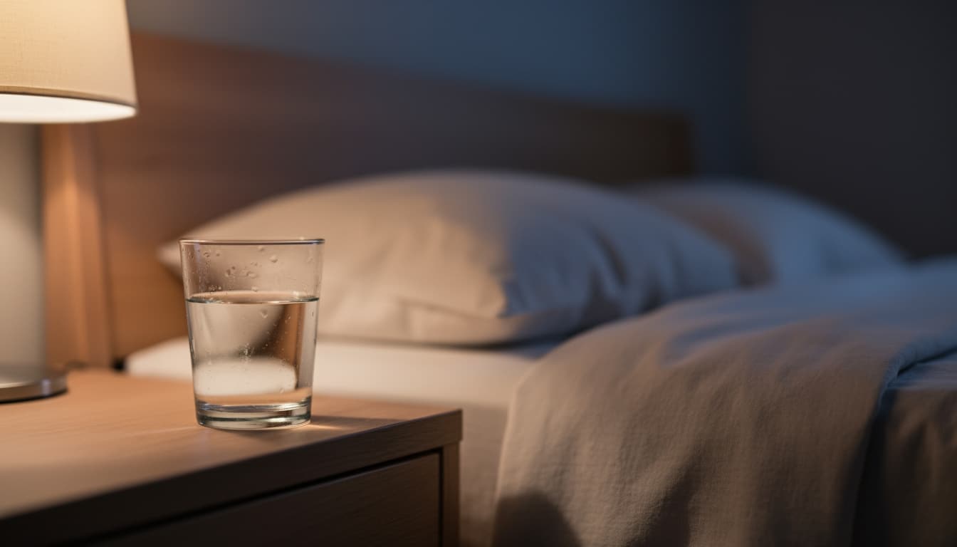 Verre d’eau posé sur une table de nuit à côté d’un lit, illustrant l’hydratation avant le coucher.