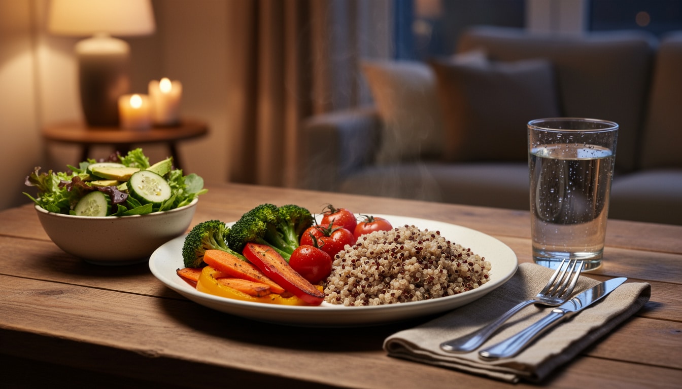 Repas du soir léger avec quinoa, légumes cuits et salade, accompagné d’un verre d’eau, dans une ambiance calme.