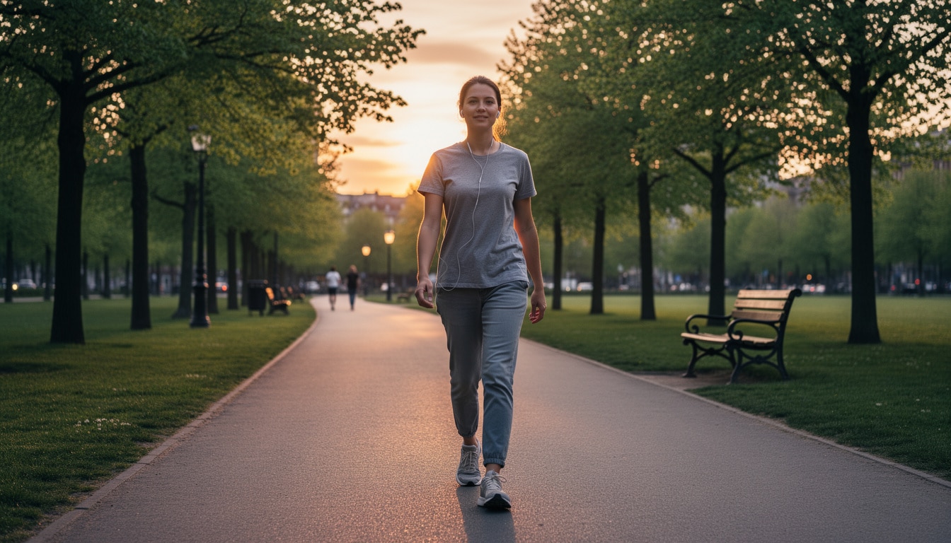 Personne marchant calmement dans un parc au coucher du soleil, illustrant une activité physique douce en fin de journée.