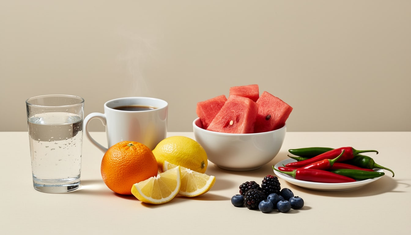 Verre d’eau, café, pastèque, agrumes, fruits rouges et piments illustrant des aliments pouvant favoriser les envies d’uriner la nuit.