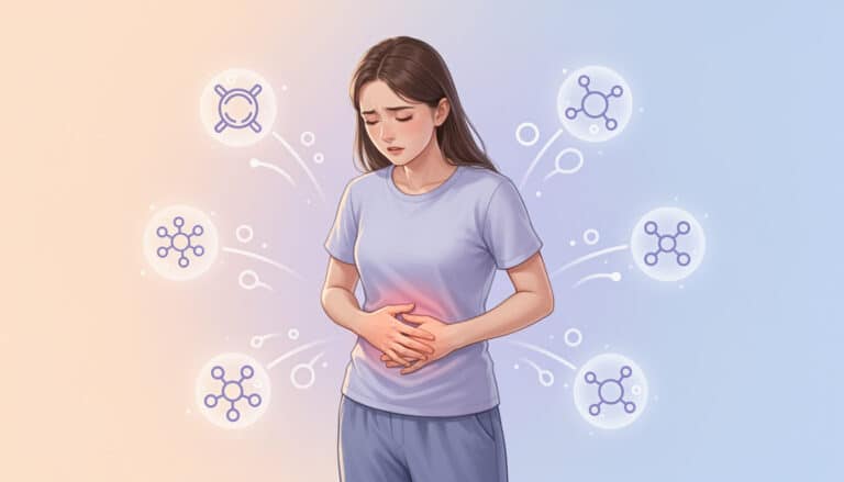 Illustration d’une femme souffrant de douleurs abdominales liées au SOPK, avec représentation symbolique des déséquilibres hormonaux.