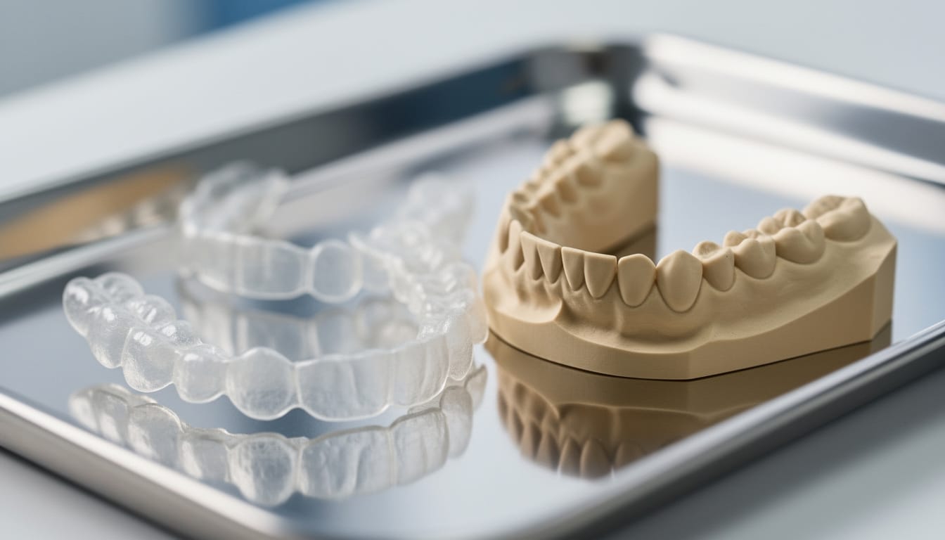 modele-dentaire-gouttiere-impression-3d-resine Gouttière dentaire transparente et modèle d’arcade dentaire imprimés en résine, posés sur un plateau métallique.