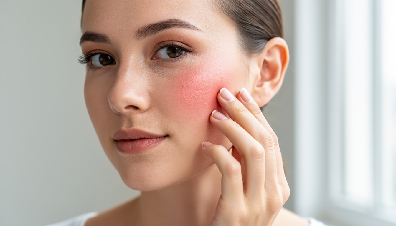 rougeurs-visage-peau-sensible-stress. Femme touchant sa joue présentant des rougeurs diffuses, signe d’une peau sensible et réactive.
