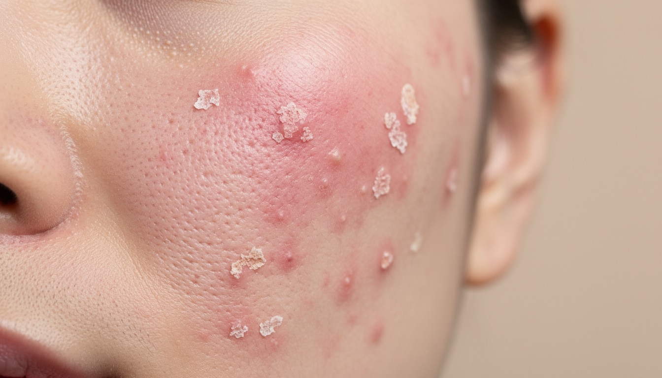 plaques-rouges-desquamation-visage-peau-stressee. Plaques rouges avec desquamation sur la joue, évoquant une peau hypersensible et inflammée.