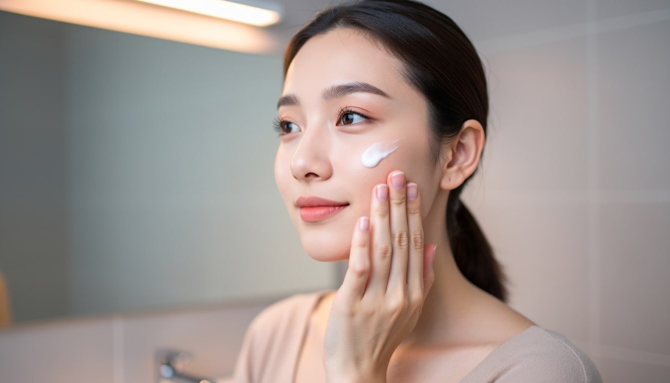 application-creme-peau-sensible-apaisement. Femme appliquant une crème hydratante sur la joue pour apaiser une peau sensible.