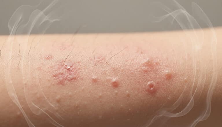 Plaques rouges et petites lésions inflammatoires sur la peau, évoquant une hypersensibilité cutanée liée au stress.