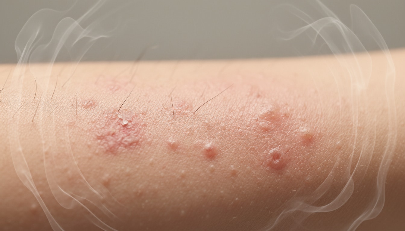 Plaques rouges et petites lésions inflammatoires sur la peau, évoquant une hypersensibilité cutanée liée au stress.