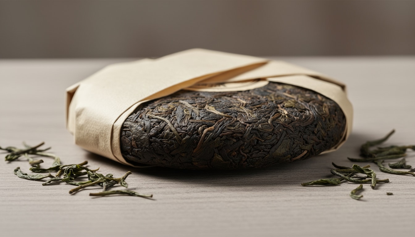 Galette de thé tuocha (Pu-erh) compressée et partiellement emballée dans du papier kraft, posée sur une table avec quelques feuilles de thé autour.