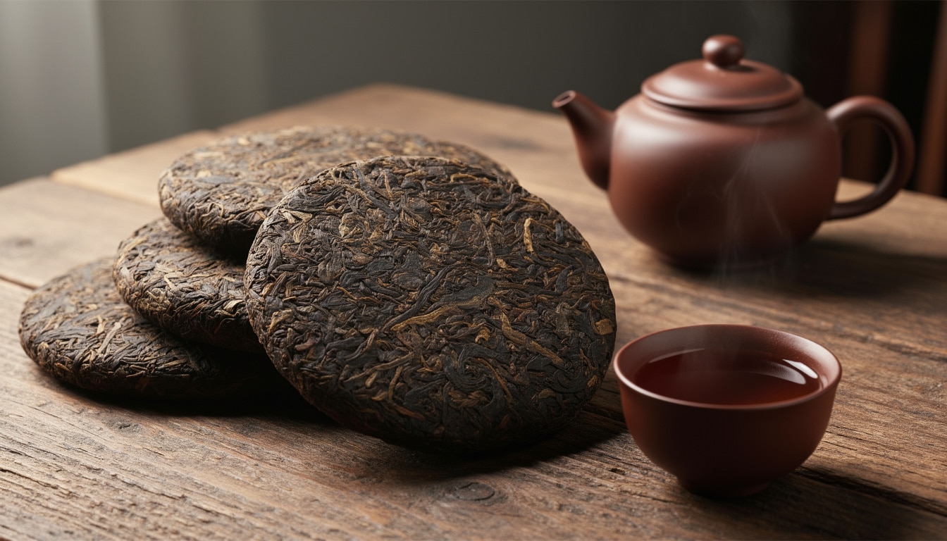 galettes-the-tuocha-puerh-theiere-tasse Galettes de thé tuocha (Pu-erh) posées sur une table en bois, avec une théière brune et une tasse de thé fumante.