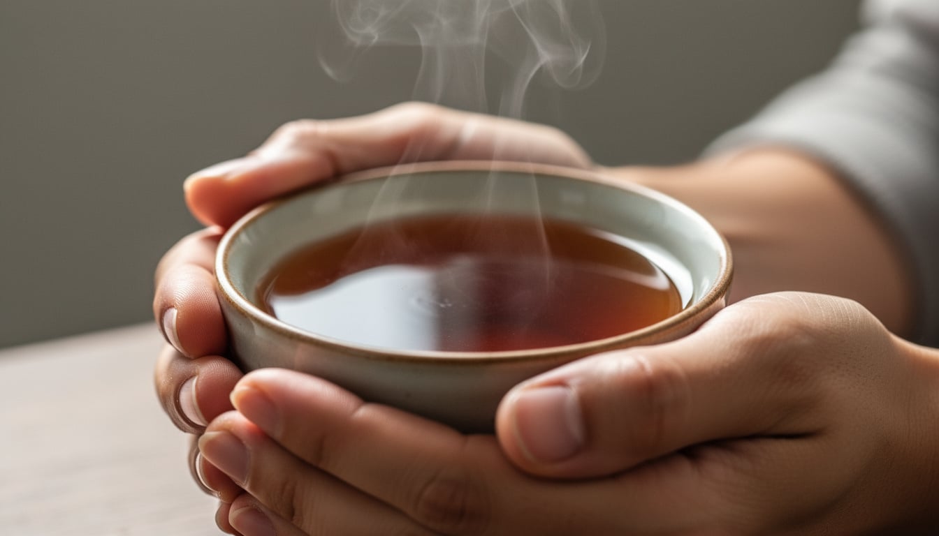 tasse-the-chaud-mains-humaines Mains tenant une petite tasse de thé chaud avec de la vapeur visible.