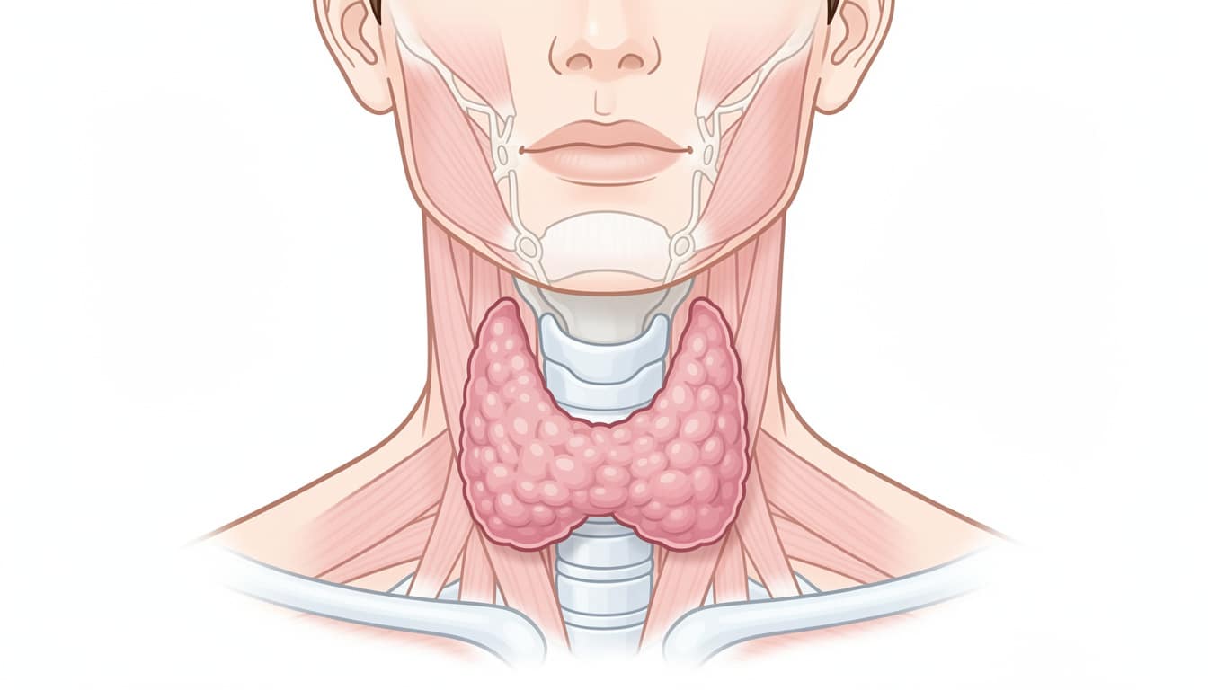 thyroide-anatomie-schema-analyse-tsh Schéma anatomique de la thyroïde humaine située à la base du cou, devant la trachée.
