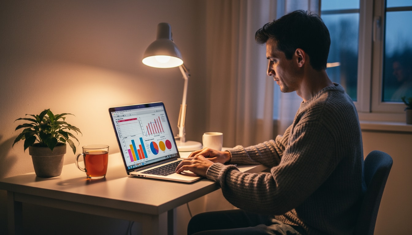analyse-resultats-bilan-sanguin-ordinateur Homme analysant des résultats de données sur un ordinateur portable dans un environnement calme.