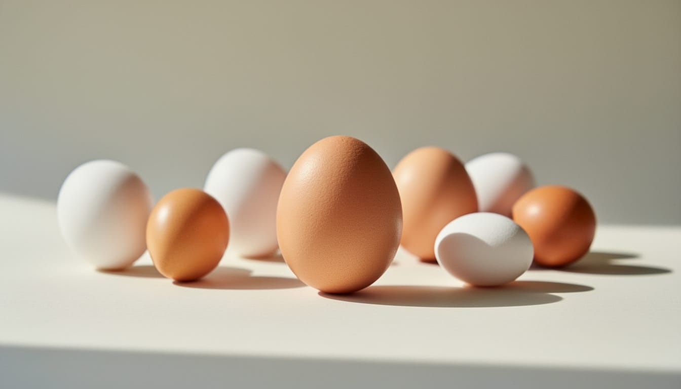 Œufs de différentes tailles et couleurs illustrant les calibres S, M, L et XL pour comparer leur impact nutritionnel et calorique.