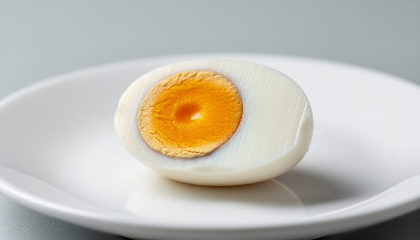Œuf dur coupé en deux montrant le jaune et le blanc, illustrant la répartition des calories et des nutriments.