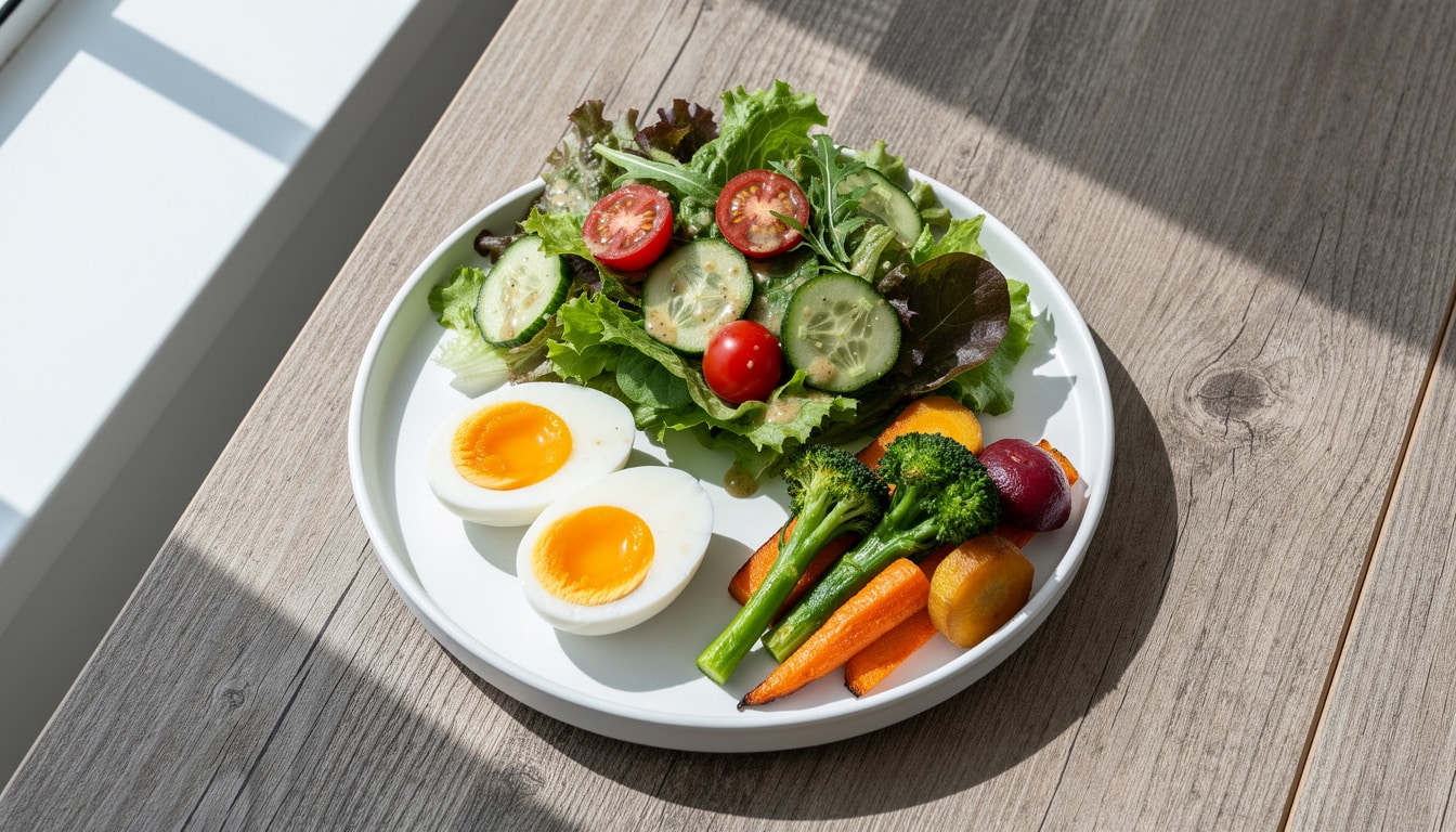 Assiette équilibrée avec œufs durs, salade verte et légumes variés illustrant un repas léger et riche en protéines.