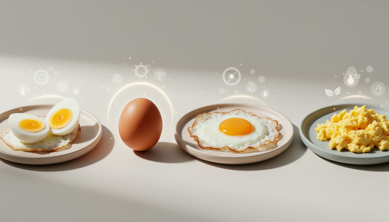 Comparaison visuelle des calories d’un œuf selon le mode de cuisson : œuf dur, œuf entier, œuf au plat et œufs brouillés.