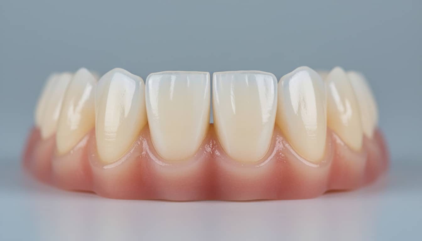 prothese-dentaire-resine-capdentaire-gros-plan Gros plan sur une prothÚse dentaire en résine montrant les dents et la gencive artificielle avec un aspect naturel.