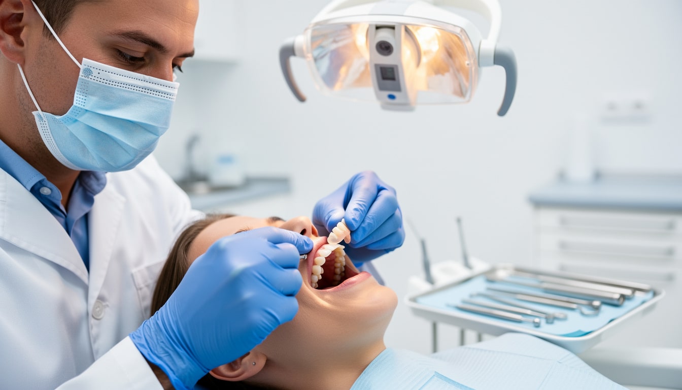 pose-prothese-dentaire-resine-capdentaire-cabinet-dentaire Dentiste posant une prothĂšse dentaire en rĂ©sine dans la bouche dâune patiente allongĂ©e, en cabinet dentaire.