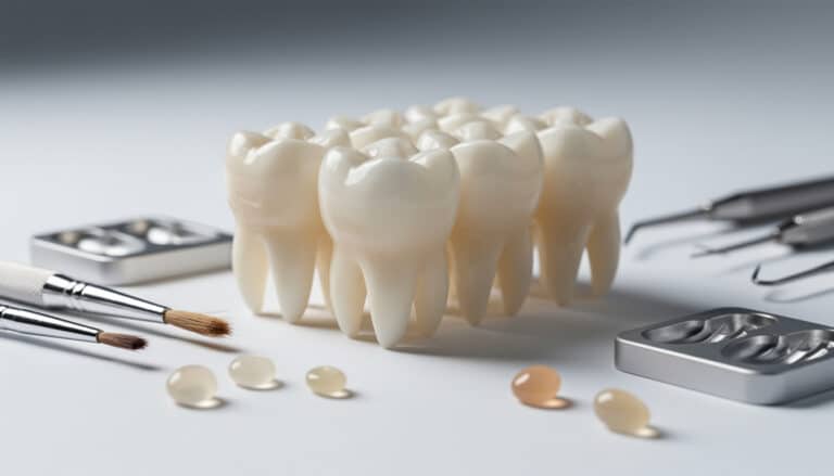 Gros plan sur des dents prothétiques en résine posées sur une table, entourées d’outils dentaires et de pastilles de résine colorée.