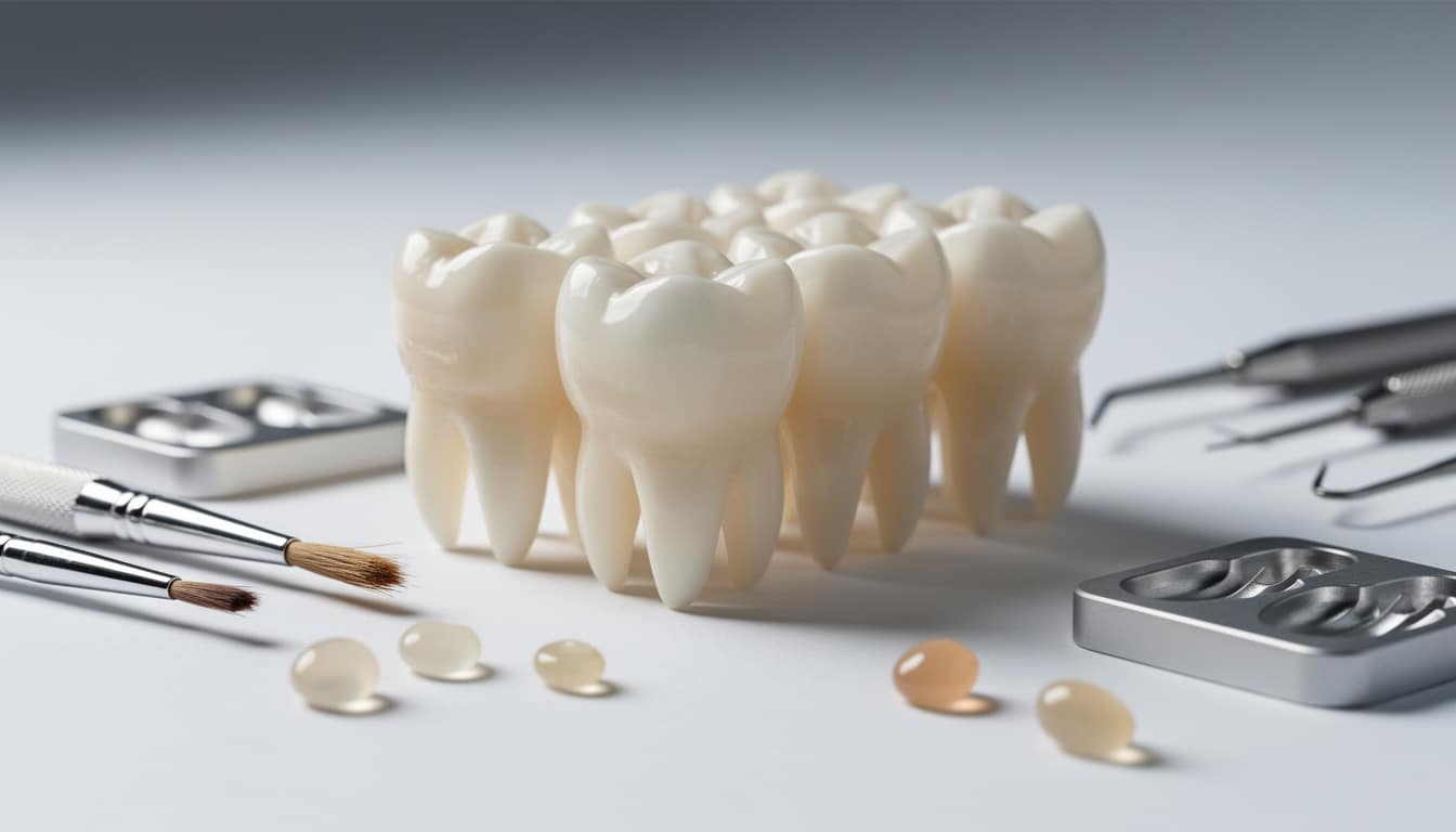 Gros plan sur des dents prothĂ©tiques en rĂ©sine posĂ©es sur une table, entourĂ©es dâoutils dentaires et de pastilles de rĂ©sine colorĂ©e.