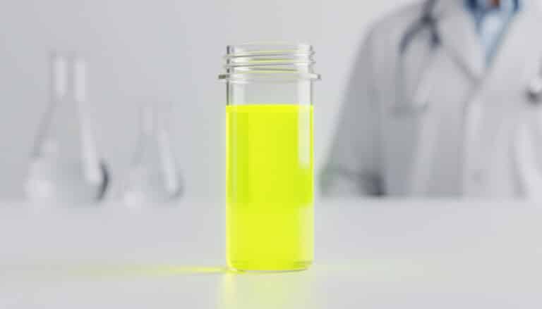 Échantillon d’urine jaune fluo dans un tube transparent posé sur une table de laboratoire.