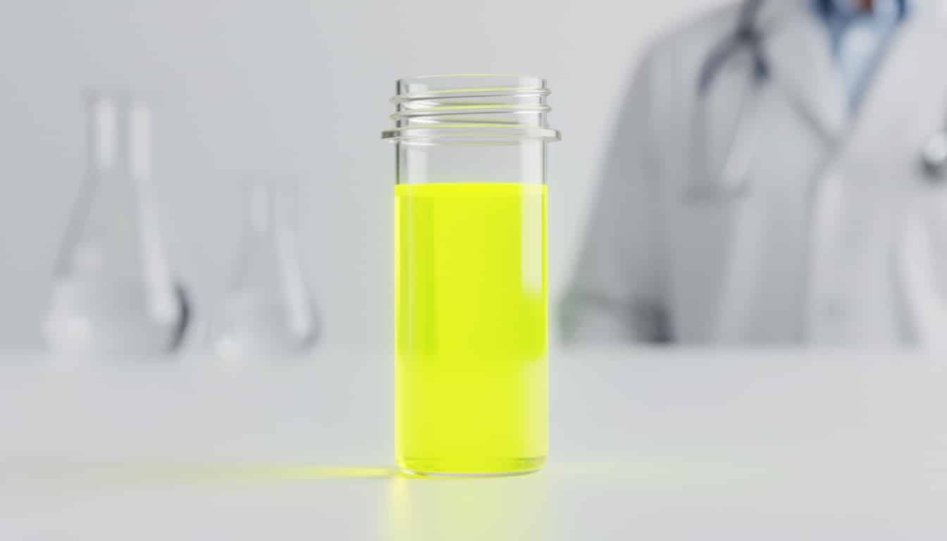 Échantillon d’urine jaune fluo dans un tube transparent posé sur une table de laboratoire.