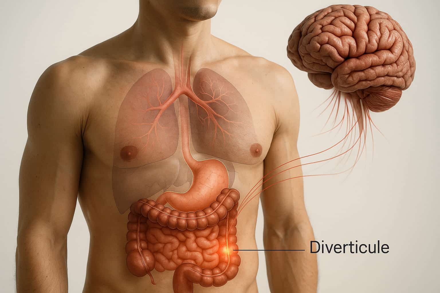 axe-cerveau-intestin-schema-visuel Illustration médicale réaliste d’un homme torse nu avec le système digestif visible, montrant un diverticule enflammé dans le côlon, relié au cerveau par des connexions nerveuses.