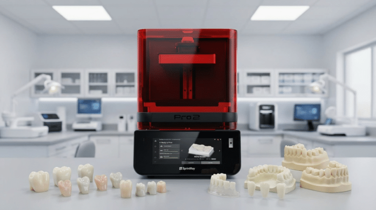Imprimante 3D dentaire SprintRay Pro 2 avec modèles de dents, couronnes et empreintes imprimées, installée dans un cabinet dentaire moderne.