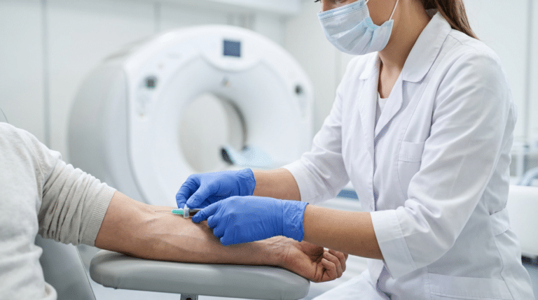 Prise de sang veineuse réalisée par une infirmière avant un scanner médical, pour le dosage de la créatinine.