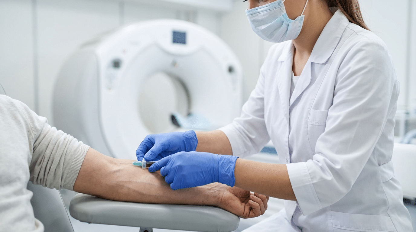 Prise de sang veineuse réalisée par une infirmière avant un scanner médical, pour le dosage de la créatinine.