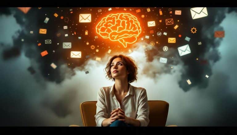 Femme surchargée mentalement entourée de symboles du quotidien