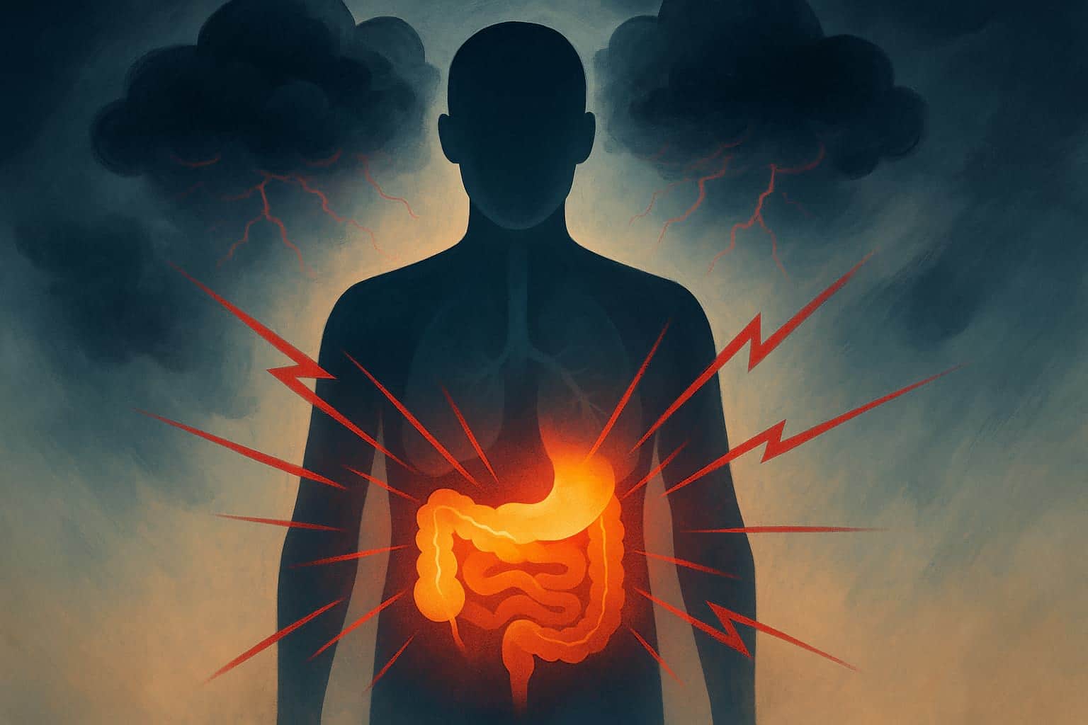 Illustration du côlon en surbrillance dans un corps humain stressé, symbolisant le lien entre diverticulite et émotions.