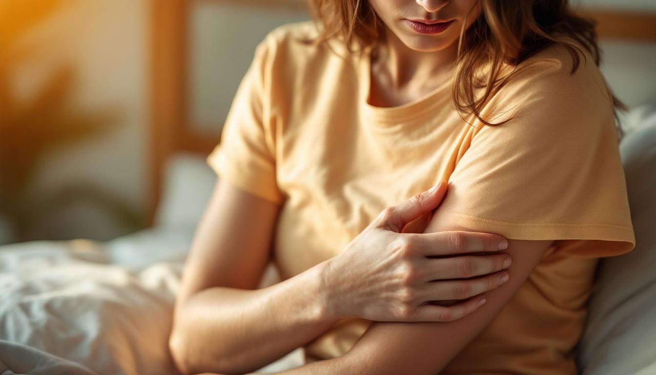 Personne en T-shirt pressant son aisselle avec un air préoccupé