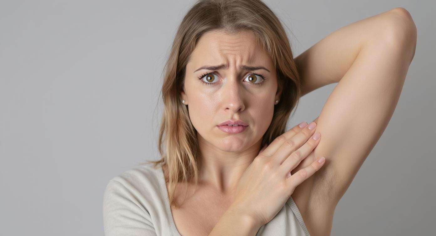 Femme inquiète qui touche son aisselle avec une expression de doute