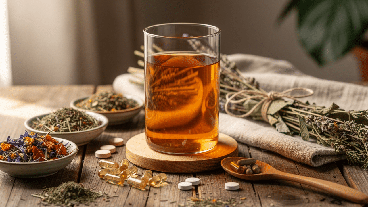 plantes-complements-couleur-urine. Compléments à base de plantes associés à une urine légèrement foncée sur une table naturelle.