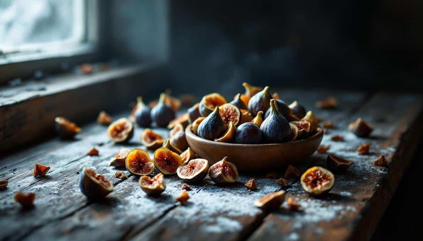 Une poignée de figues sèches posées sur une table en bois rustique