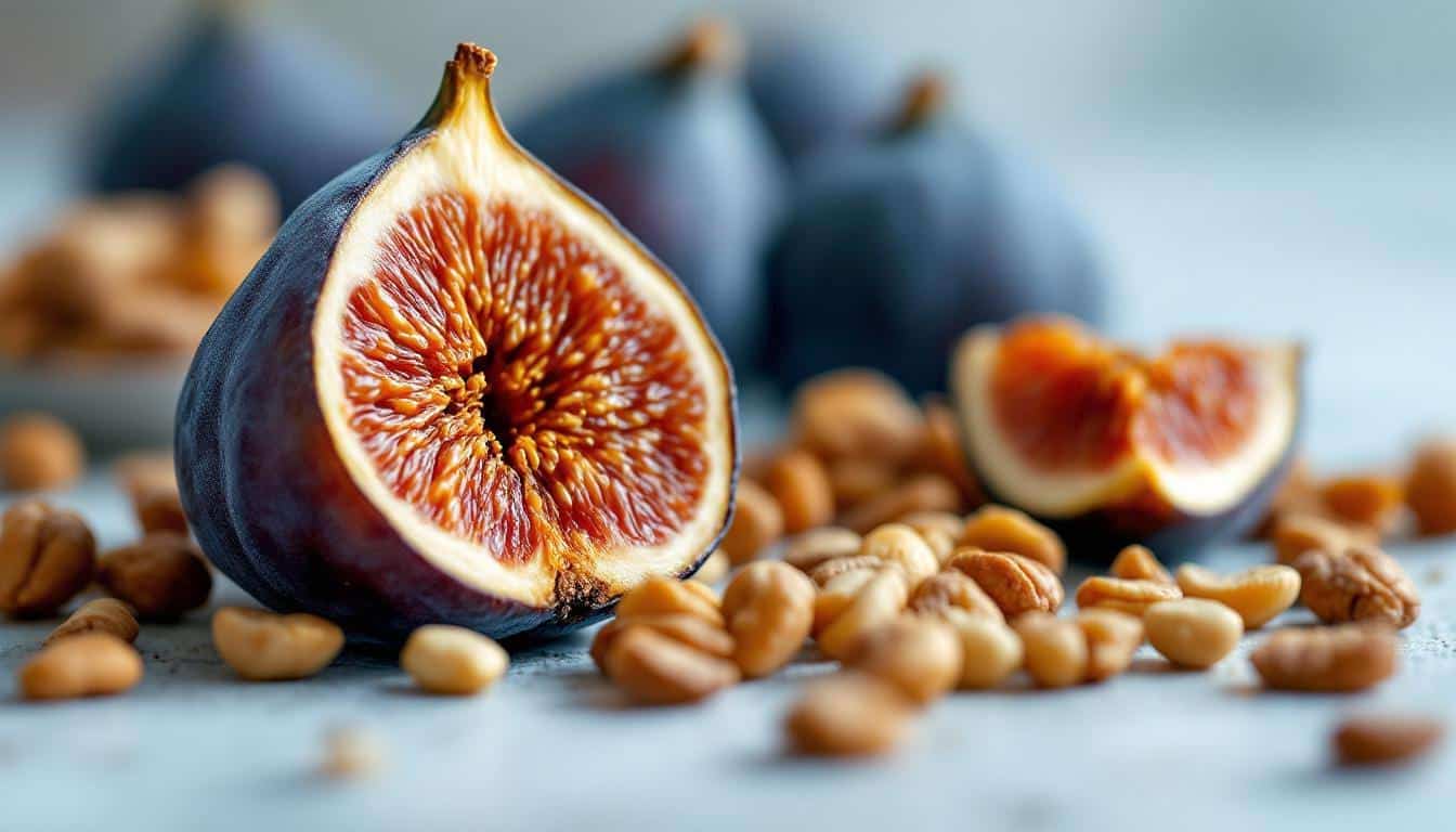 Figues sèches ouvertes avec vue sur leur intérieur et autres fruits secs