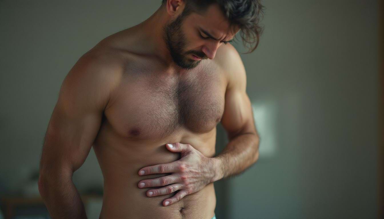 Homme fatigué avec main sur la zone du foie