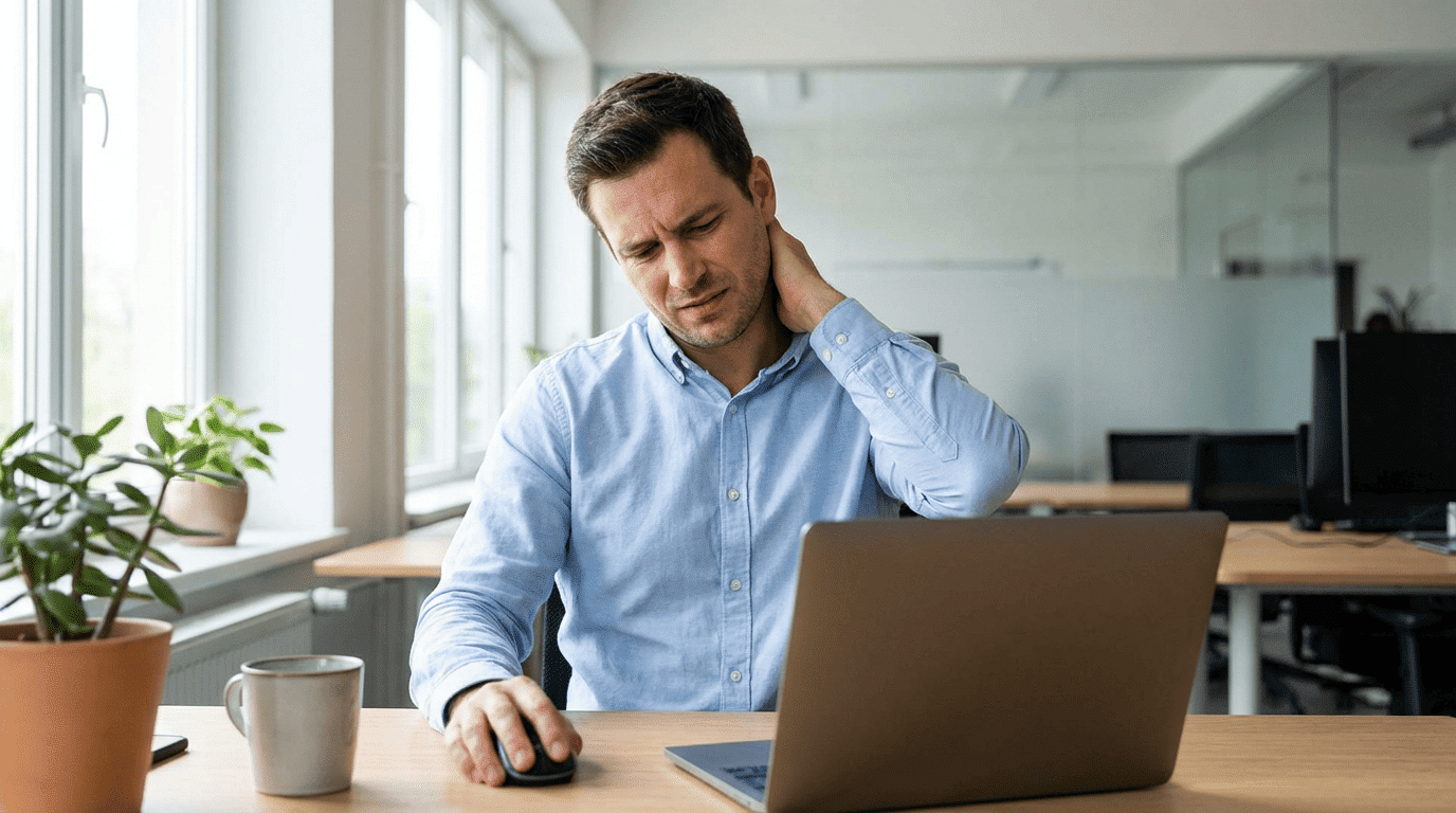 fourmillements-cuir-chevelu-posture-tendue-bureau Homme assis devant un ordinateur, se massant la nuque avec une expression de gêne liée à une tension cervicale.