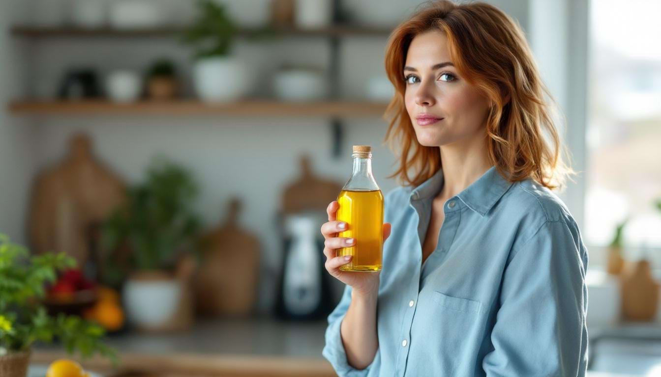huile-cameline-jaune Femme tenant une bouteille d’huile de cameline jaune doré sans étiquette.