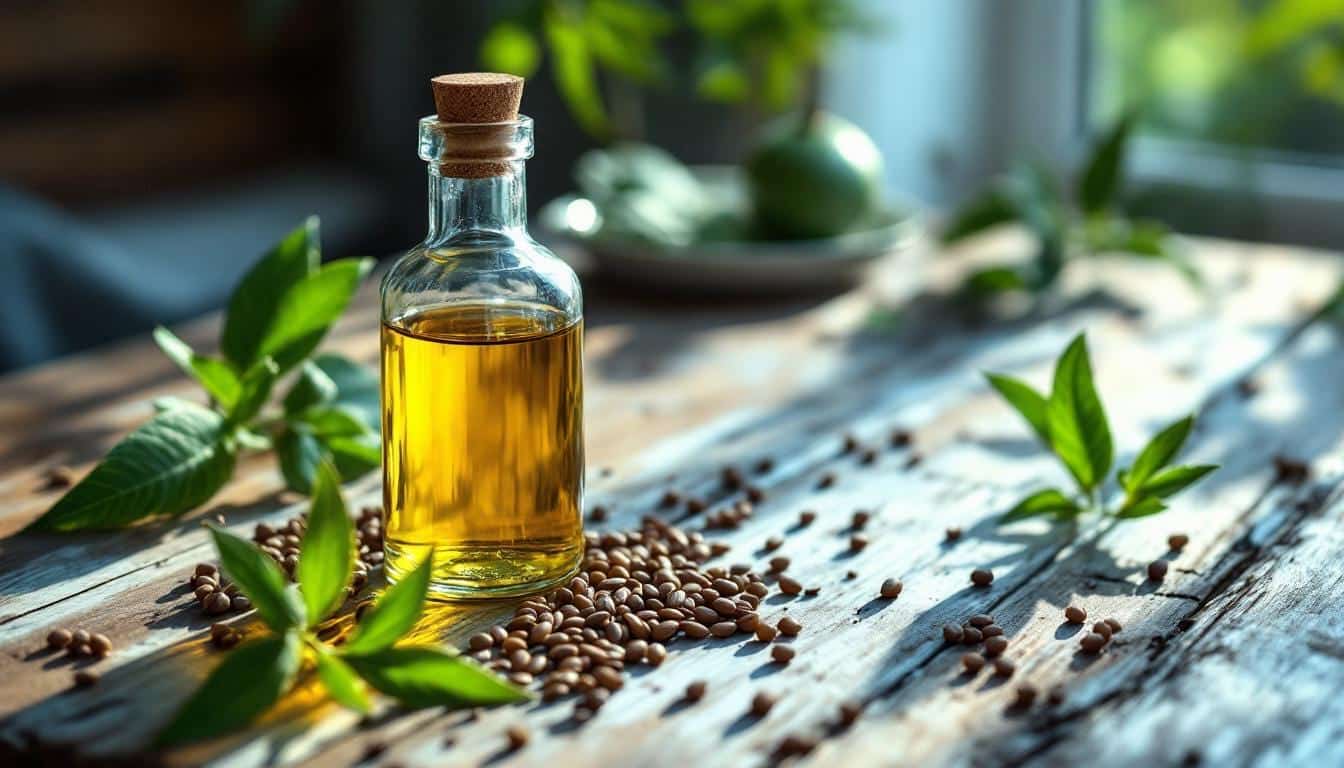 Flacon d’huile de cameline jaune doré sur une table en bois avec graines et feuilles