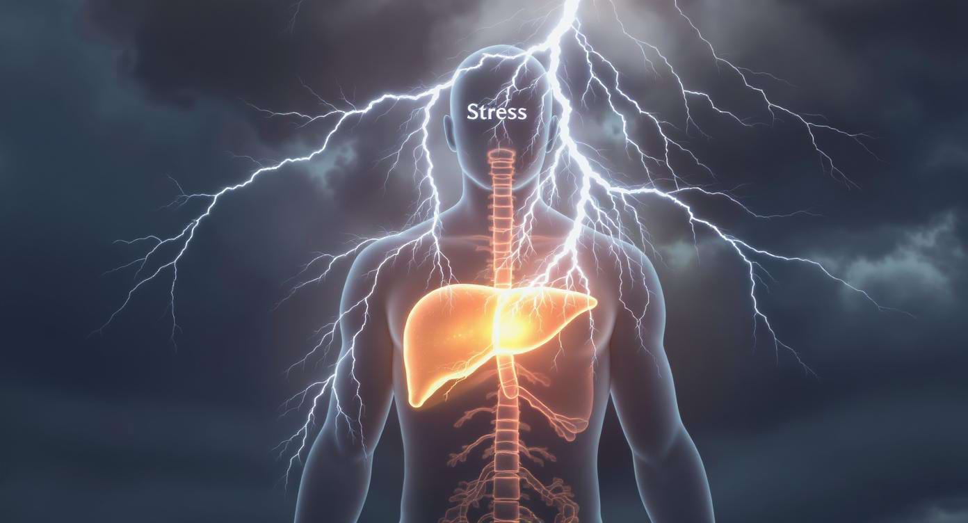 Illustration symbolique d’un foie affecté par le stress sous un ciel orageux