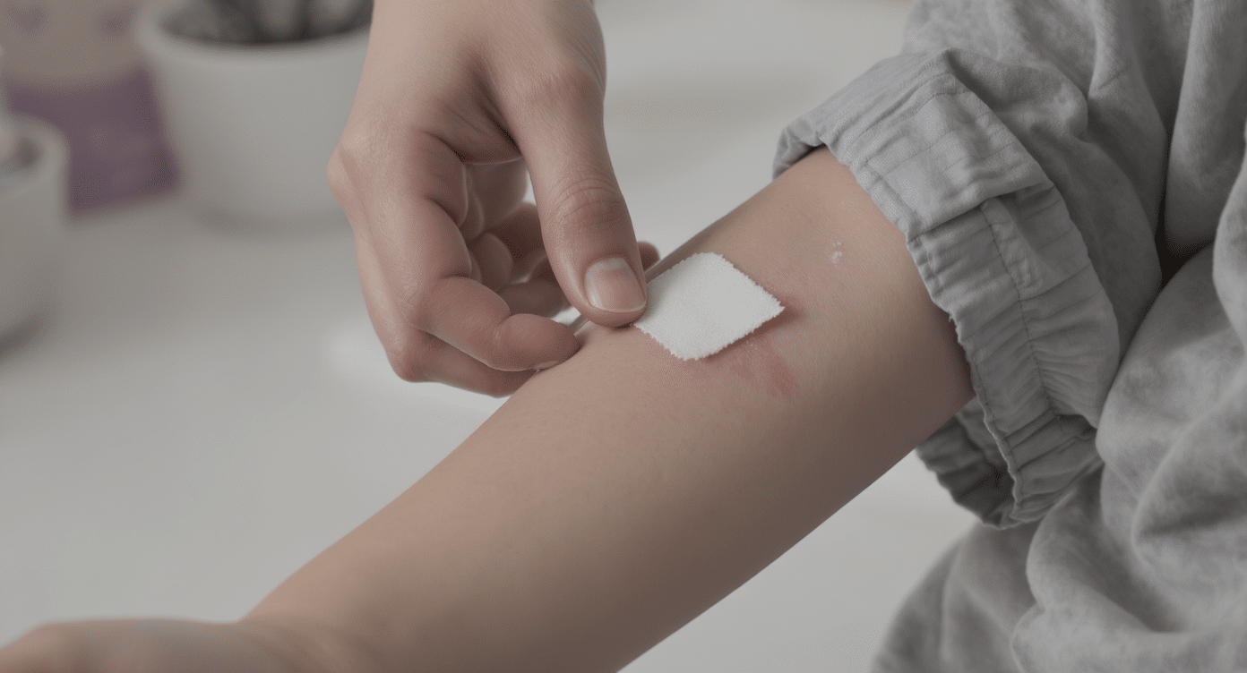 Main appliquant délicatement un pansement sur une verrue saignante.