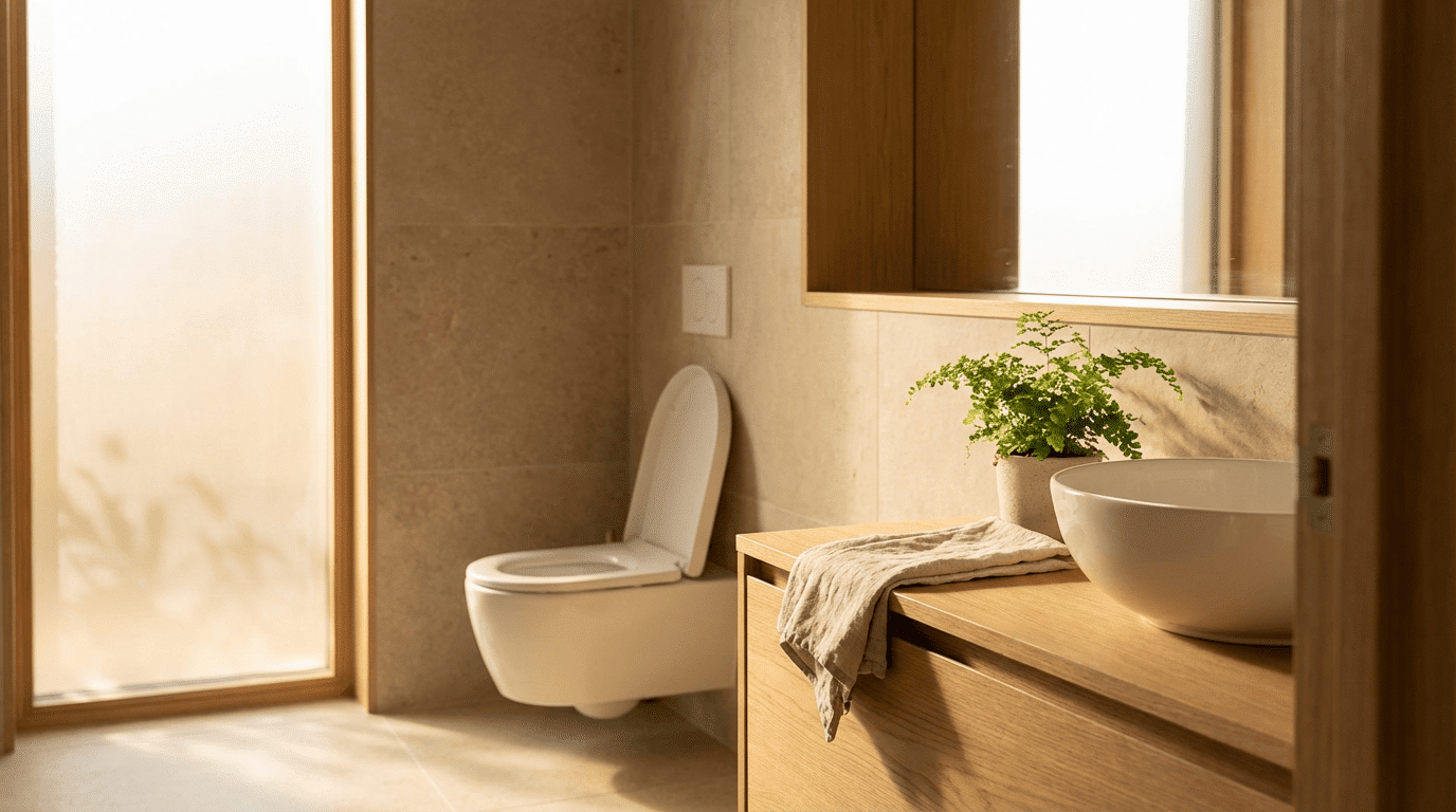 Salle de bain moderne et lumineuse avec toilettes ouvertes, vasque en céramique et plante décorative posée sur un meuble en bois.