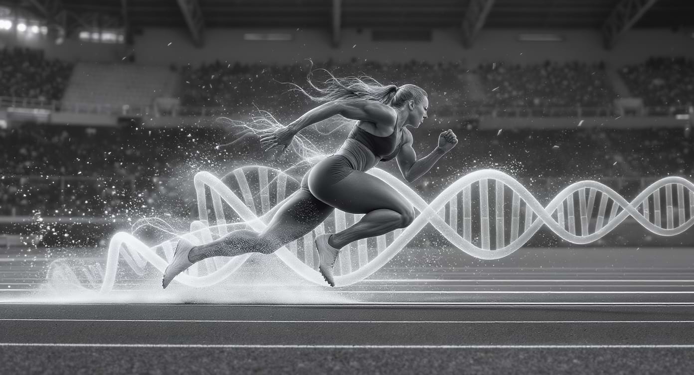Sprinteur explosif sortant des starting-blocks avec une traînée d’ADN lumineuse.