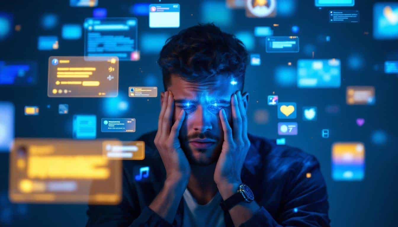Jeune adulte submergé par les notifications numériques