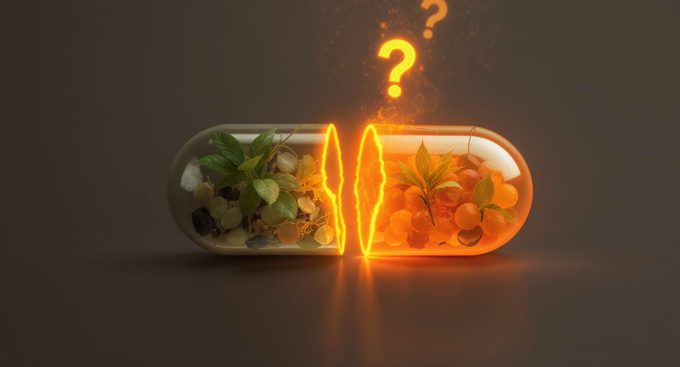 Gélule ouverte laissant s’échapper des extraits végétaux et des points d’interrogation